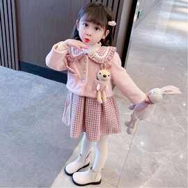 娃娃领女孩甜美洋气公主裙背心裙2024秋冬女童格子连衣裙外套两件