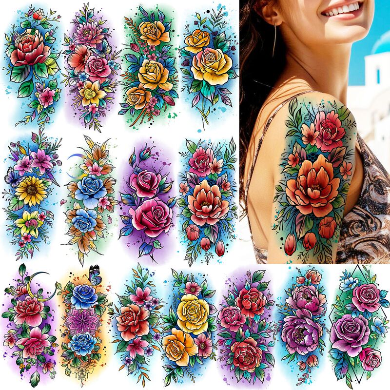 Cross-Border New Product Watercolor Peony Rose Flower Tattoo Stickers for Arms and Legs Temu Tattoo
