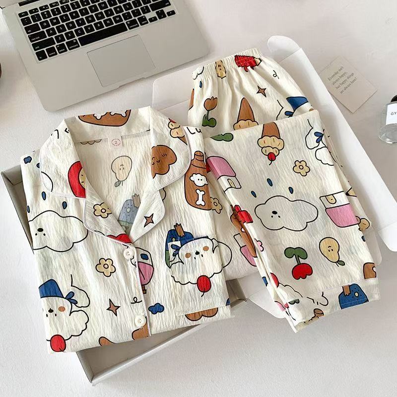 Pijamas de otoño al por mayor transfronterizos mujeres nuevas nubes de algodón de manga larga con solapa pequeña manga larga pantalones largos casuales set de ropa casera