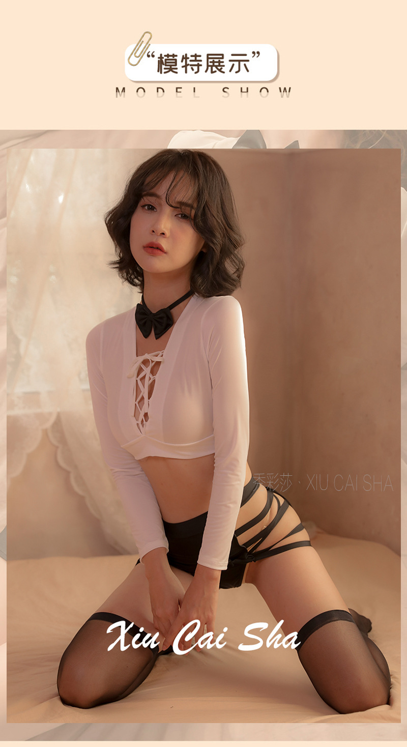 Secretary Role-Play Lingerie Set with Top, Mini Skirt, Thong, Bow Tie and Stockings — detail image 7