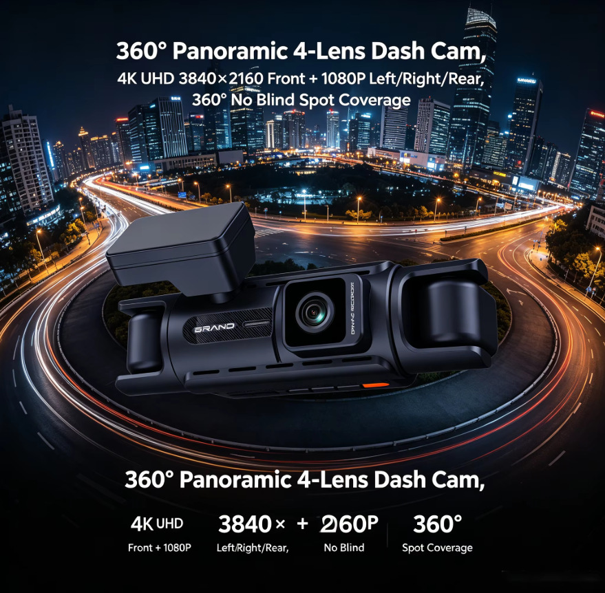 Cross-Border Hot-Selling Four-Channel Panoramic Driving Recorder with 3.4inch Ips High-Definition Display Screen and Four-Way Recording