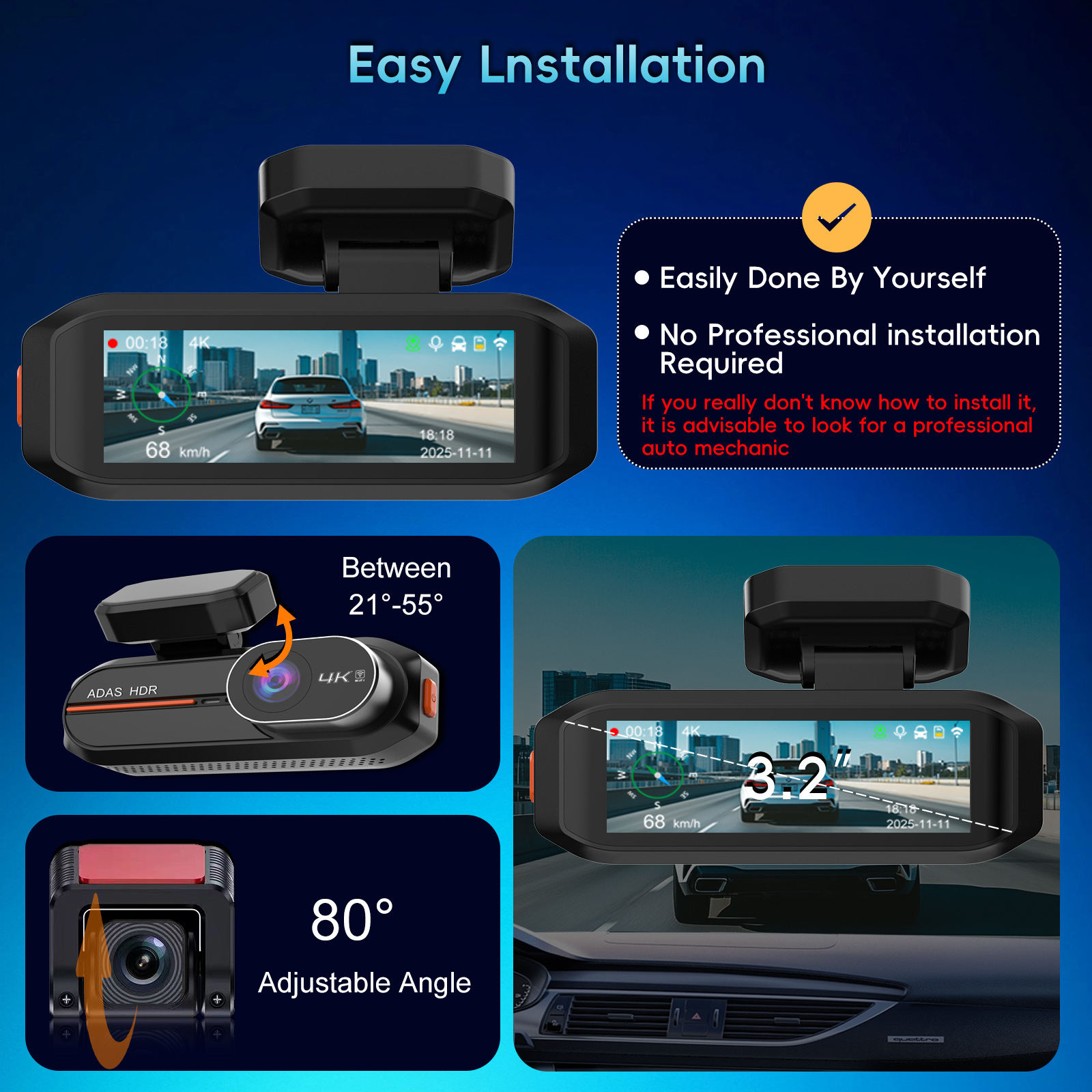 4K+Adas Dual Recording Front and Rear, High-Definition Night Vision, Supports Time-Lapse Recording, Gps Track Tracking, Driving Recorder