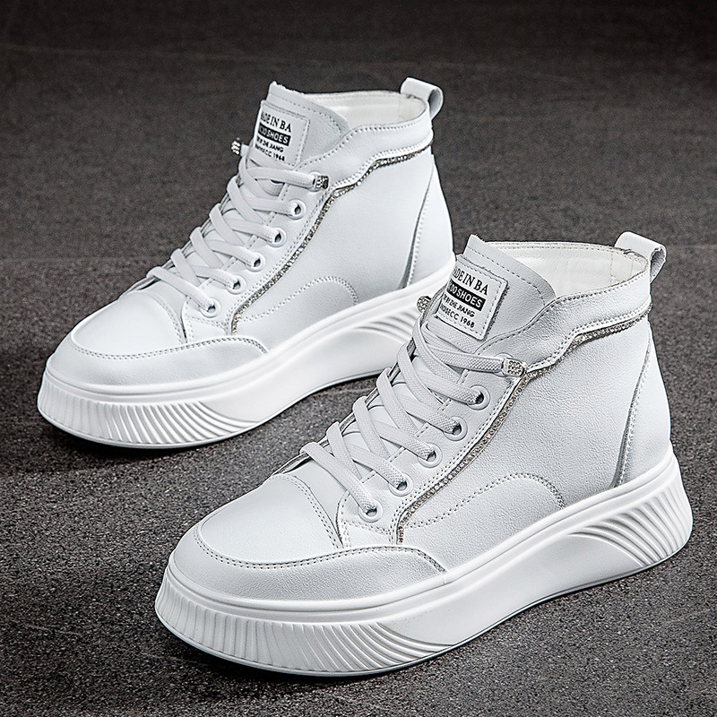 2022 new high-top cowhide white shoes women's high-top soft leather lightweight flat shoes casual women's shoes rhinestone women's shoes