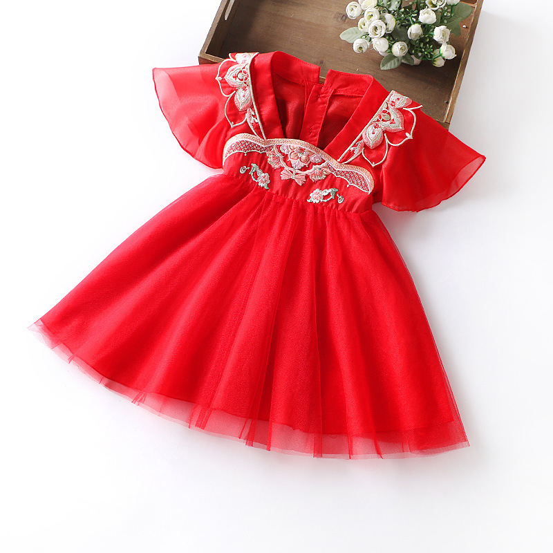 Girls' Summer Thin Cute Small Flying Sleeve Embroidered Hanfu Dress Baby Girl One Year Old Dress dress 8551