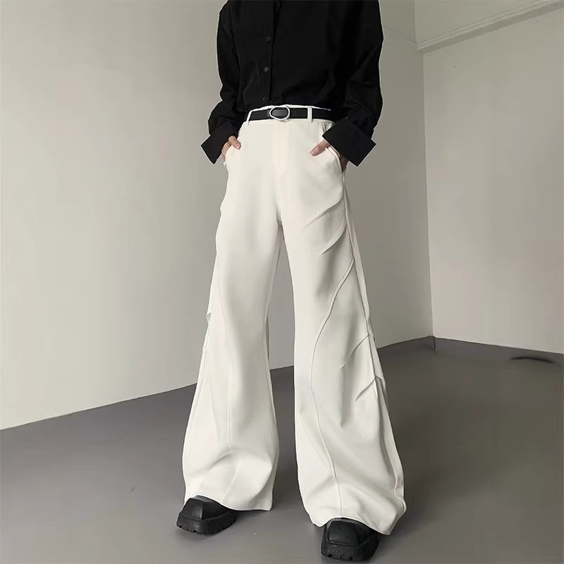 American-Style Design White Patchwork Drapey Pleated Niche Micro-Flared Curved-Leg Trousers for Men with a High-End Feel Wide-Leg Trousers