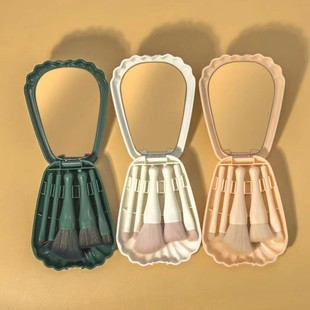 New 5-Piece Set of Makeup Brushes with Mirror Case, Including Loose Powder Brush, Eyeshadow Brush, and Full Set of Beginner Beauty Tools