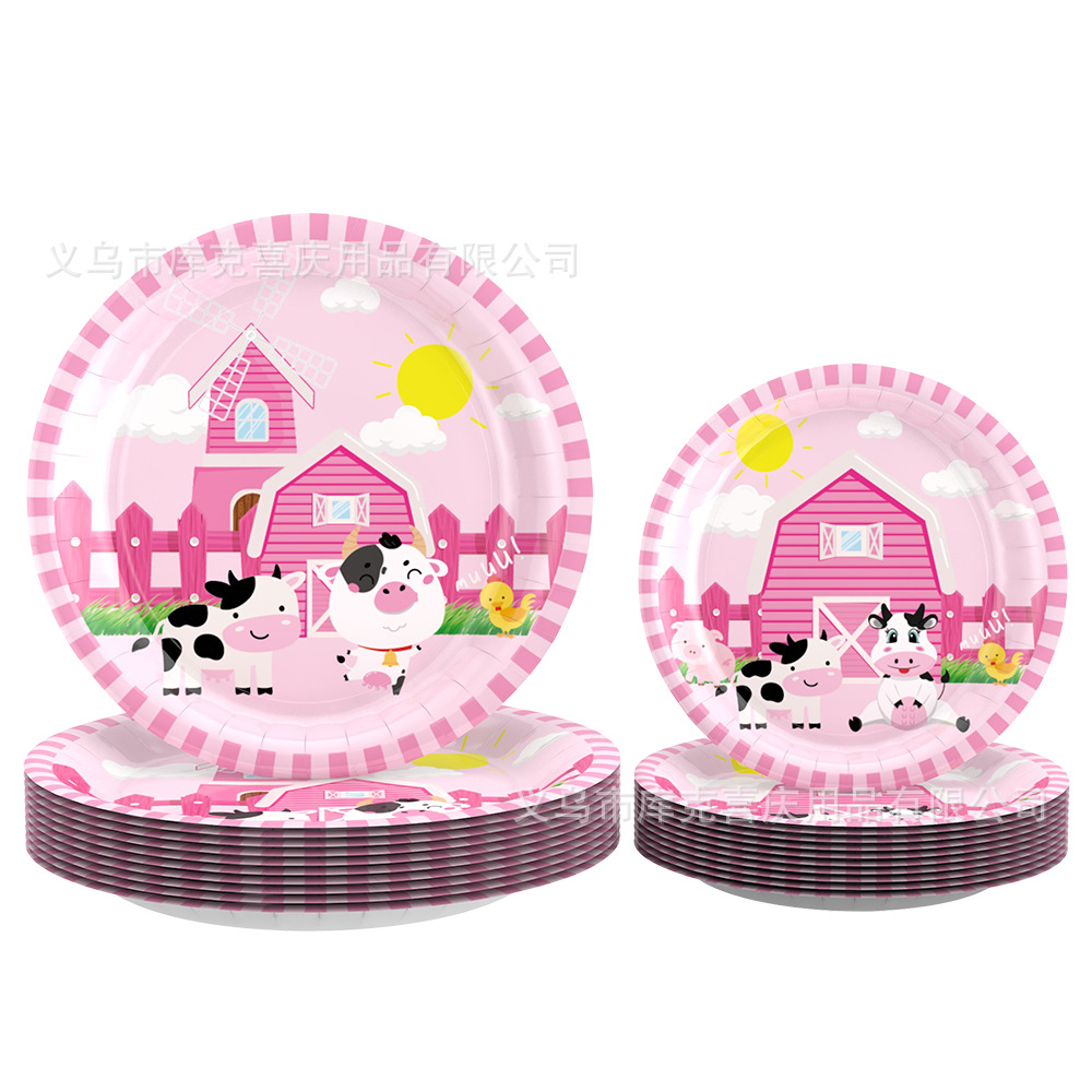 Transfronterizo nuevo tema animal de granja Rosa decoración del Partido cumpleaños de los niños plato de papel desechable cubierta de la taza de papel