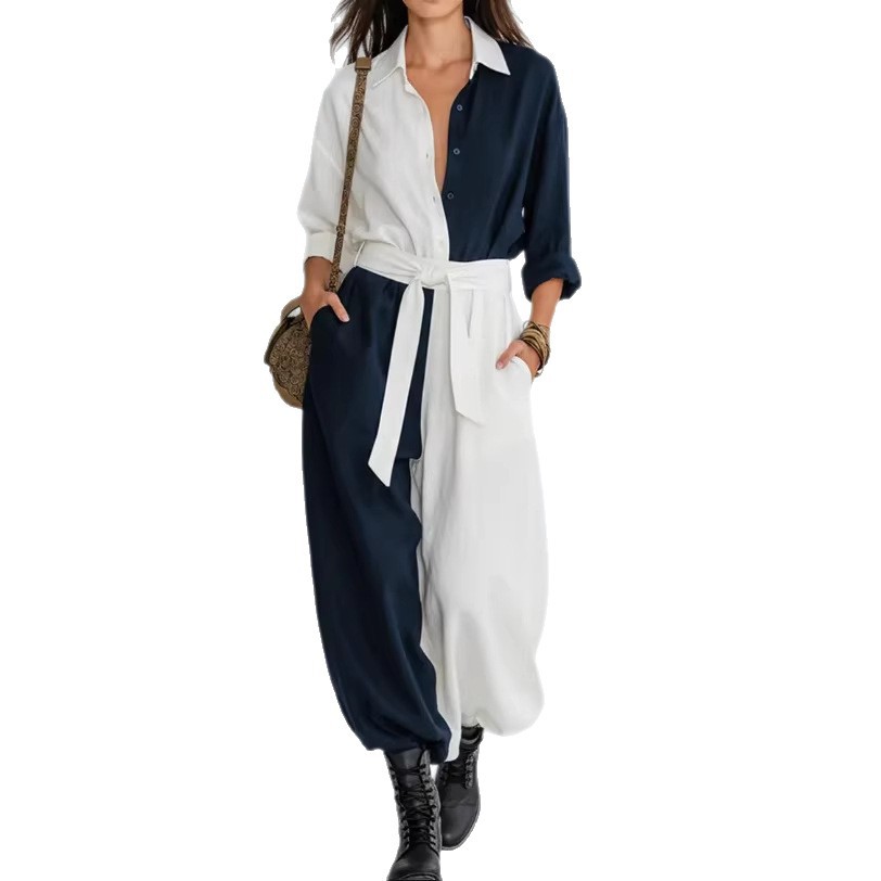 Damenbekleidung Frühlingsmode: Einfarbiger Patchwork-Jumpsuit mit langen Ärmeln und Bindeband für Damen_voghion.com