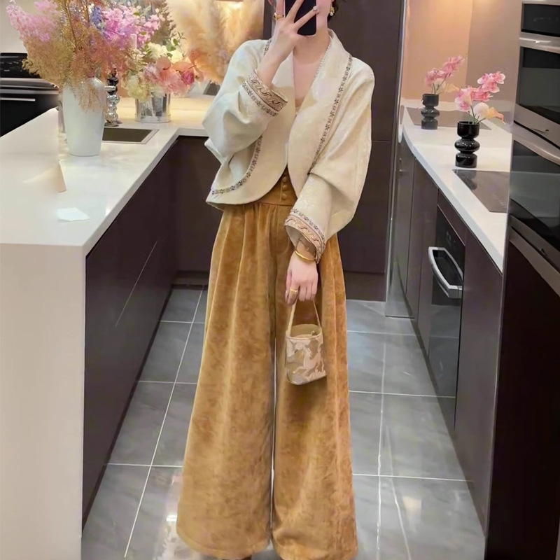 星辰2025秋新款中式设计款茧型提花刺绣外套+阔腿裤套装女两件套|undefined