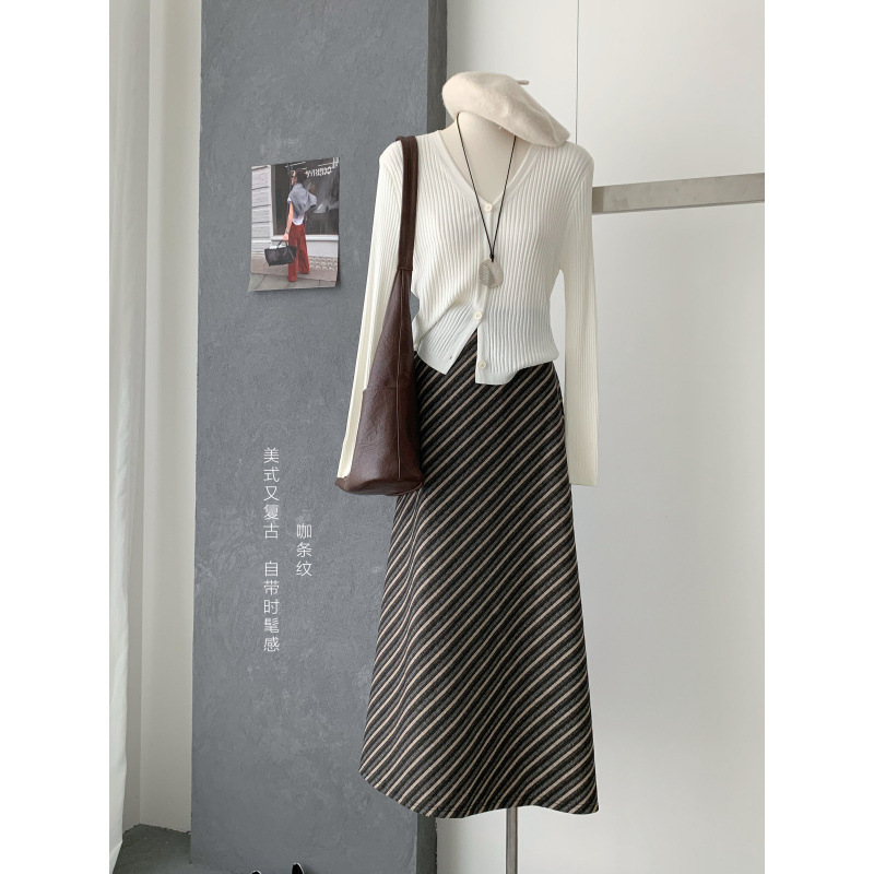 条纹高腰遮跨中长裙女2025秋季新款韩版通勤百搭a字半身裙|undefined