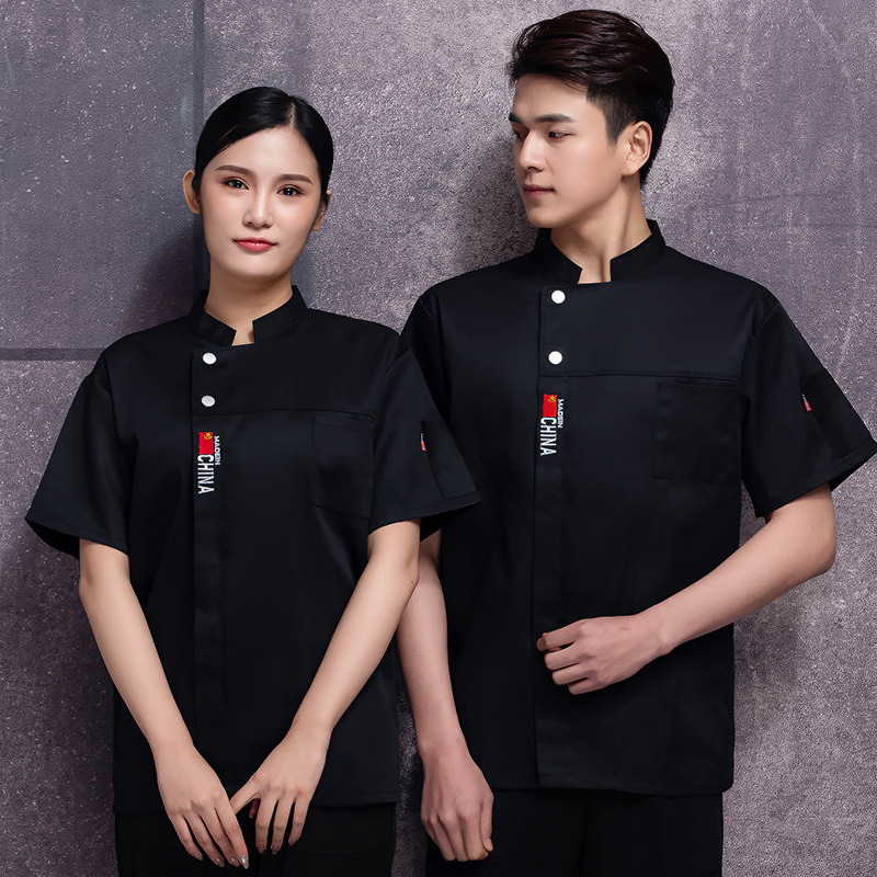 夏季廚師服短袖白色中國風飯店餐飲酒店廚房後廚食堂工作服印字