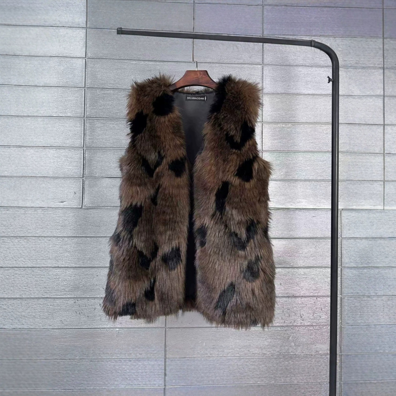 Amazon 2026 Cross-Border European and American Faux Fox Fur Color-Blocked Dyed Tip Mid-Length Faux Fur Vest