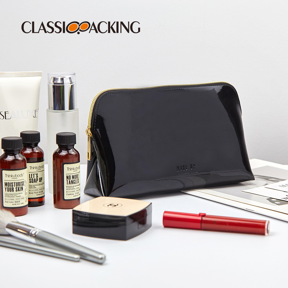 Bolsa de cosméticos negra simple Bolsa de lavado de material de cuero con espejo impermeable Bolsa de almacenamiento de cosméticos multifuncional de gran capacidad