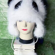 熊猫款大眼睛冬季新款雷锋保暖长毛狐狸毛女士护颈椎帽子小浣熊帽
