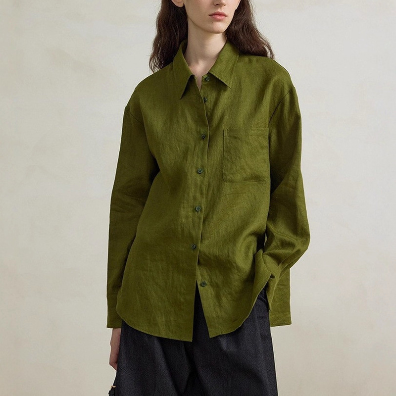 Chalamon [Redemption] Linen Green Loose Shirt for Women, Early Autumn Style, Long-Sleeved Shirt for Inner Wear and Outer Wear