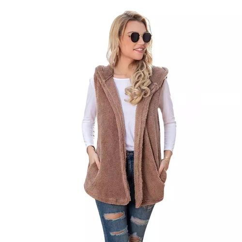 Amazon eBay 2025 Autumn/Winter New Bestselling Long-Length European and American Solid Color Hooded Vest Plush Jacket Women's