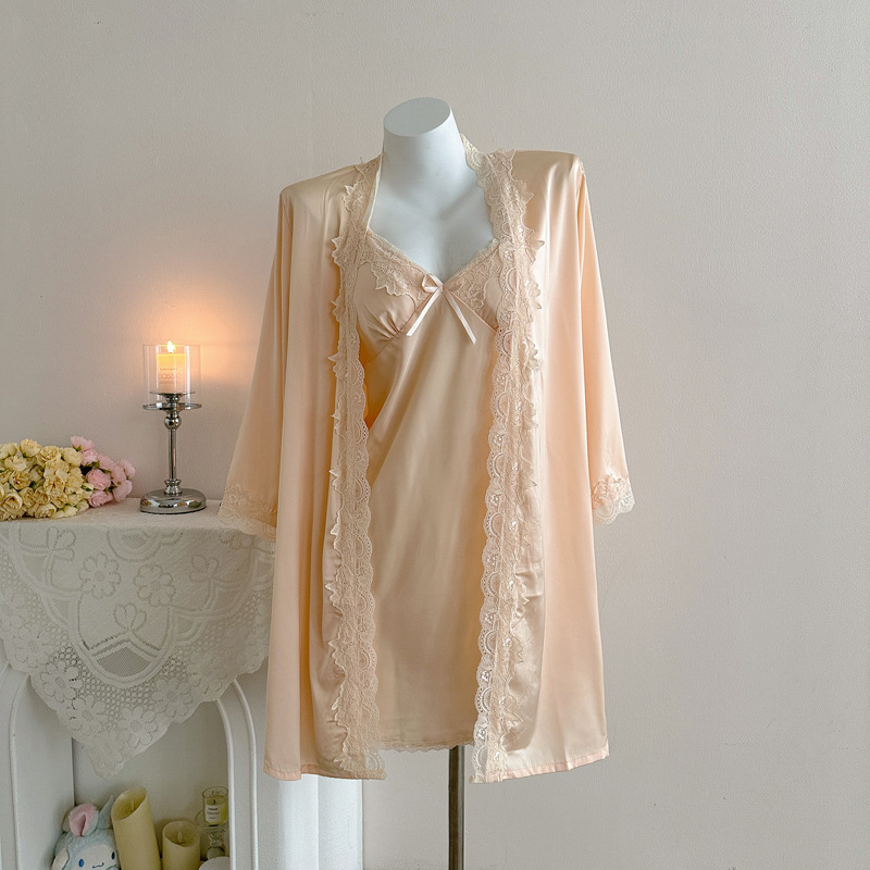 Spring and Summer High-End Lace Robe and Pajama Two-Piece Set, Comfortable Ice Silk Summer Camisole Nightgown Set for Petite Sizes