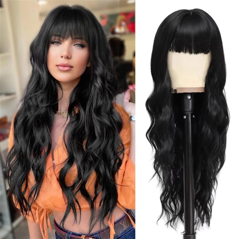 Hot-Selling European and American Women's Cross-Border Long Hair Wig with Bangs, Big Waves, Long Curly Hair Wig, Headgear Manufacturer, Dropshipping