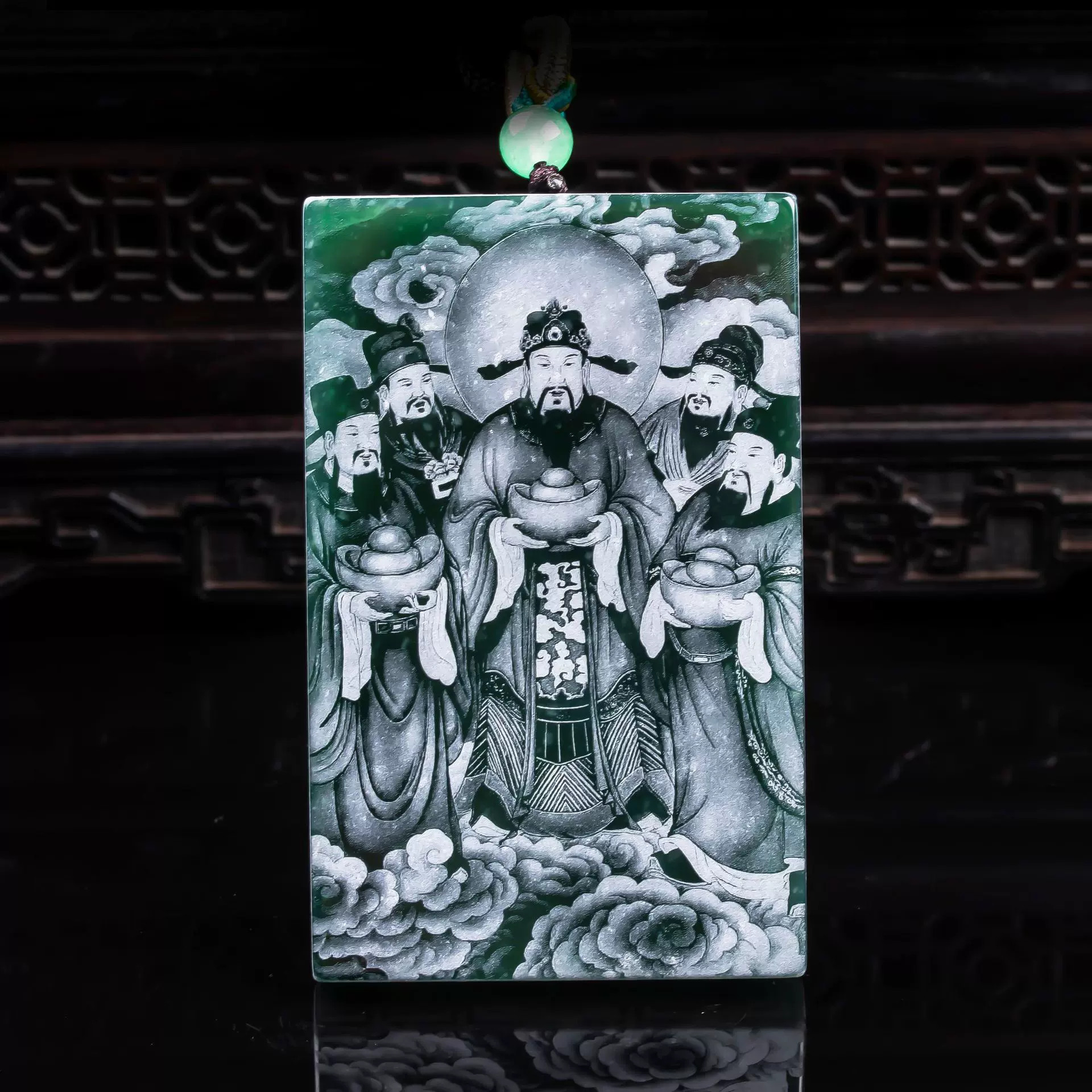 天然A货翡翠五路财神双面精工影雕高冰种老玉石吊坠挂件玉佩玉美
