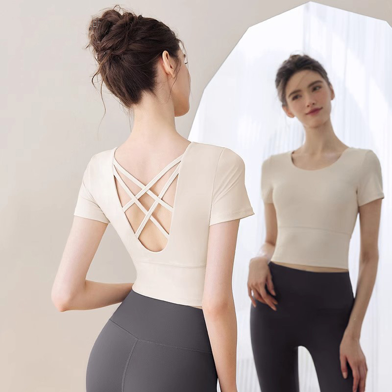 Fitness and Beautiful Back Yoga Clothes for Women in Summer Thin with Chest Pads Short-Sleeved Breathable Quick-Drying T-Shirt Pilates Sports Tops