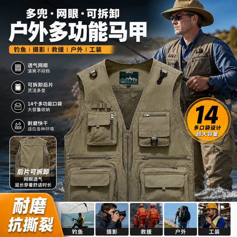 Photographer's vest, outdoor multi-pocket professional photography vest, mesh breathable, detachable, large capacity, custom-made workwear Photographer's vest, outdoor multi-pocket professional photography vest, mesh breathable, detachable, large capacity, custom-made workwear