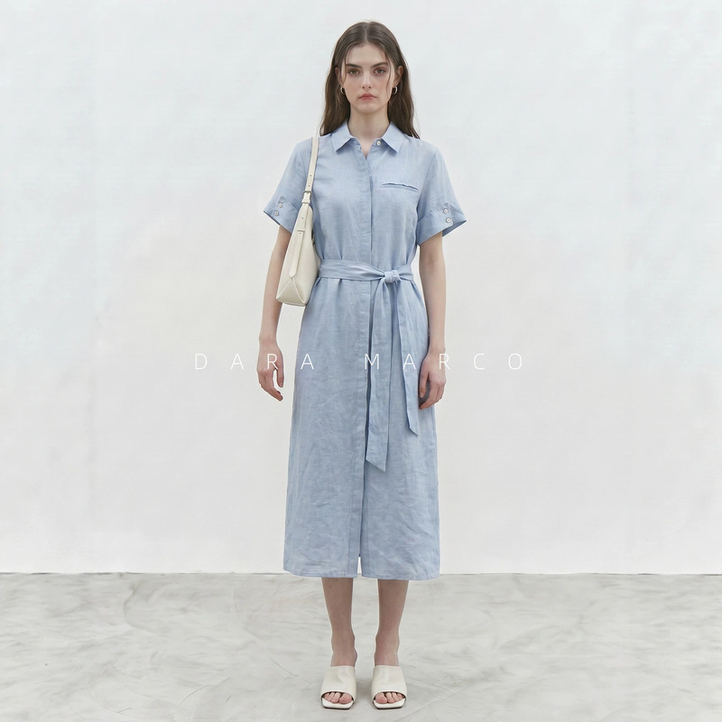 French-Style Light Luxury Raindrop Linen Dress for Women, Matte Color-Woven Linen, Turn-Down Collar, Waist-Cinching, Old Money Style Shirt Dress