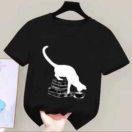 亚马逊热销可爱猫猫和书包印花T恤圆领纯棉短袖中小童装60107-3