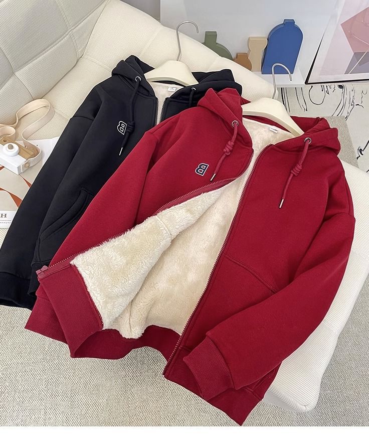 Women's Clothing Velvet thickened hooded sherpa sweatshirt for women autumn and winter new women's loose warm long sleeved cardigan zipper jacket_voghion.com
