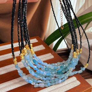 Summer crushed ice shop owner recommended natural aquamarine clavicle chain black spinel necklace
