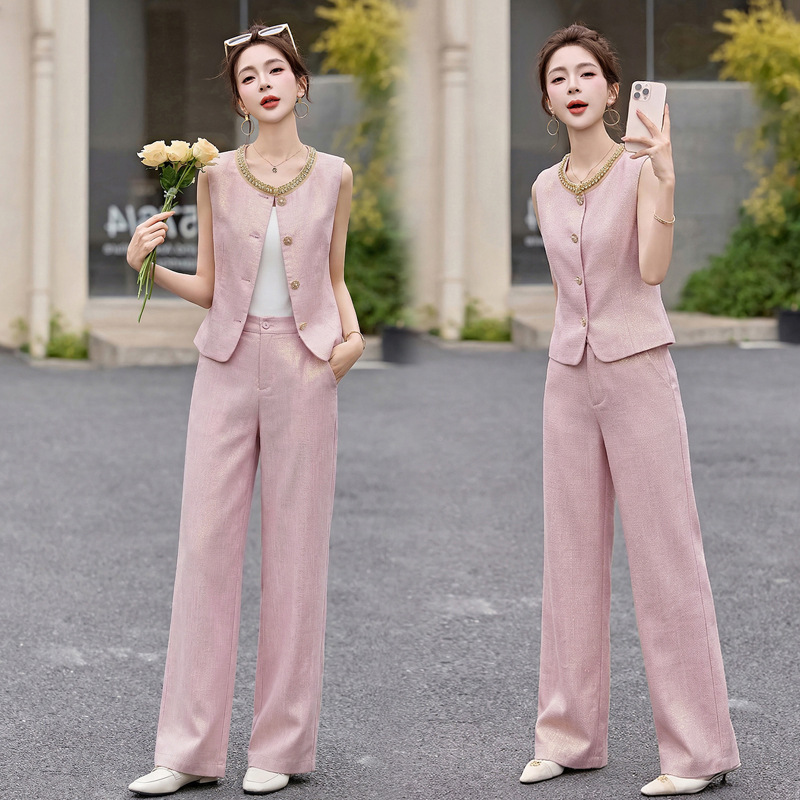Bộ yếm quần ống rộng nữ hai mảnh không tay phối quần ống rộng cao cấp HE6605 — Màu hồng, xanh lá cây