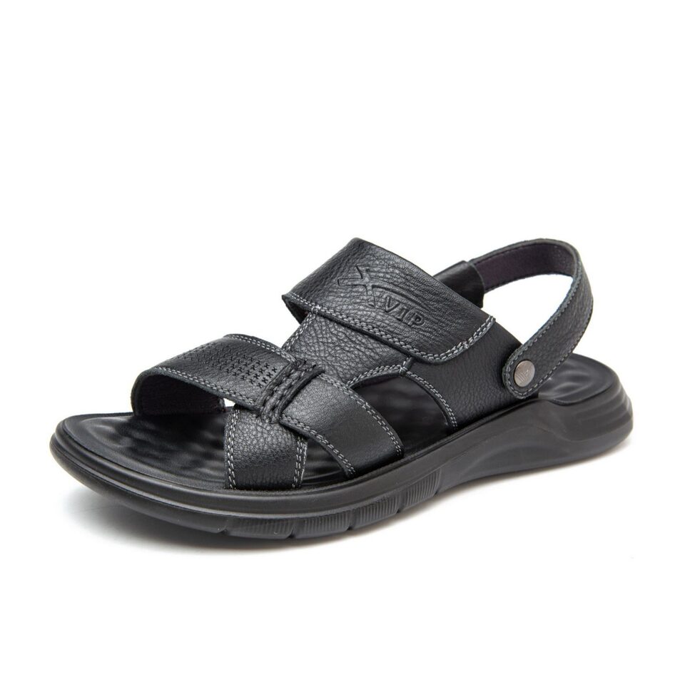 Dép sandal nam da bò hở ngón gót bằng 2,5 cm thoáng khí chống trượt — Kaki, Màu đen