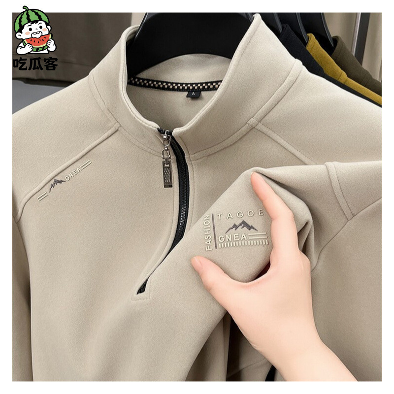 Double-Sided Dove Fleece Integrated Fleece Men's Sweatshirt Autumn and Winter Half-Zipper Pullover T-Shirt Casual Collar Top Long-Sleeved Men's