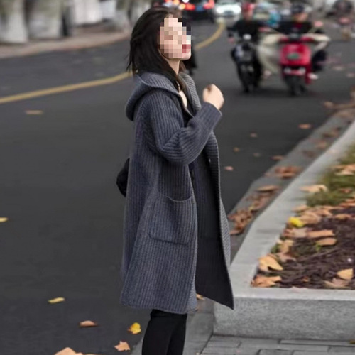 Thin-looking coat, autumn large size, single-breasted cardigan, new medium and long hooded knitted sweater, Korean style