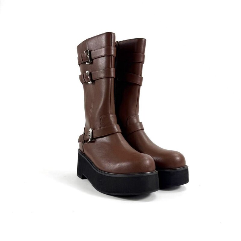 Customized 2025 Autumn and Winter Fashionable Thick-Soled Boots for Women, Round-Toe Flat-Heeled High Knight Boots, Lace-Up Casual Knee-High Boots