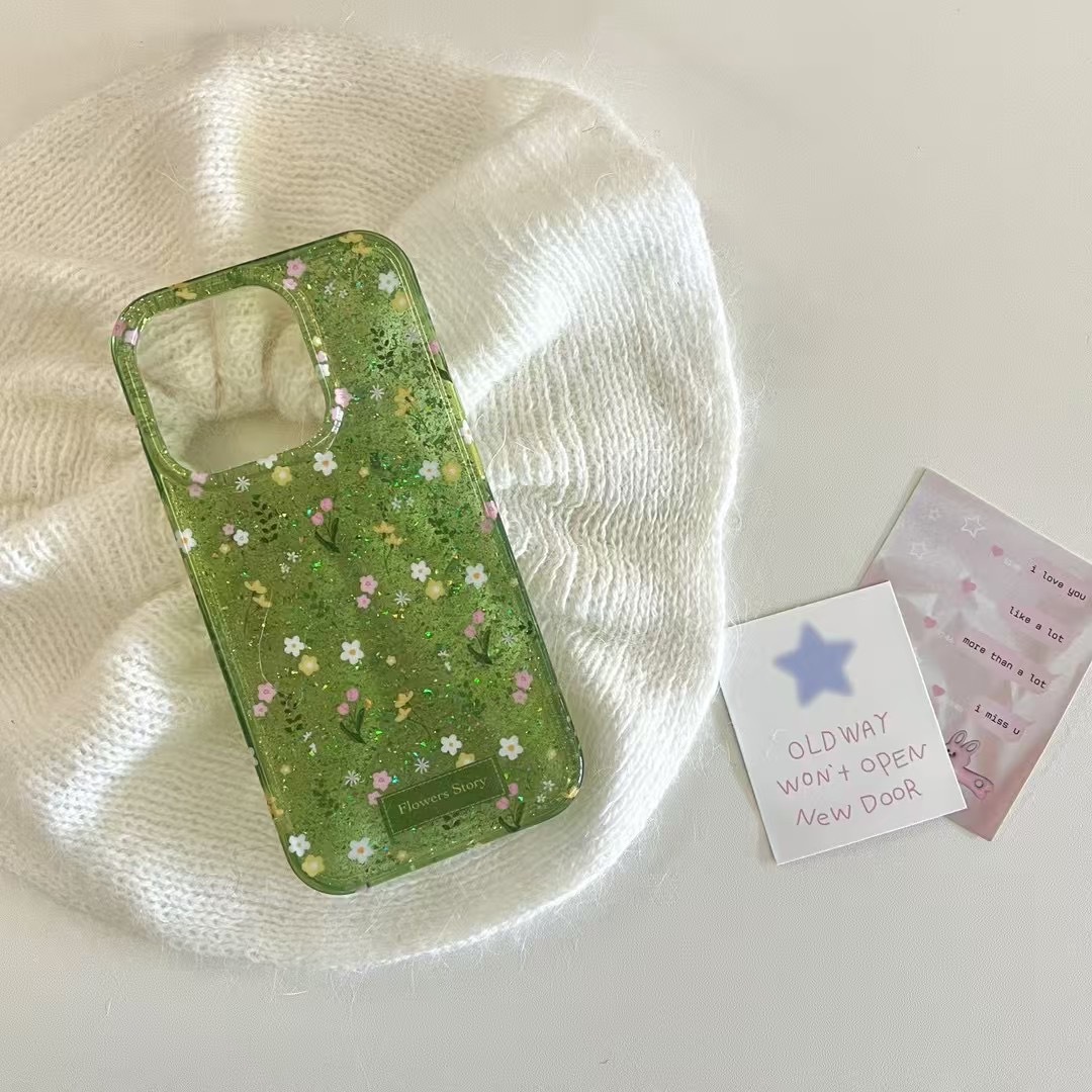 Pequeño brillo fresco verde floral para iPhone14 Apple 16ProMax funda para teléfono móvil 15 femenino 13 nuevo 16