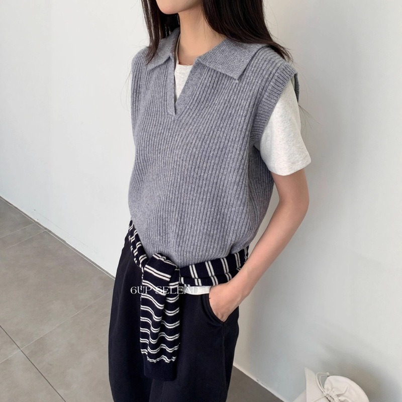 6UP秋韩系全羊毛翻领毛衣女背心马甲广州十三行新款毛织上衣50391|undefined