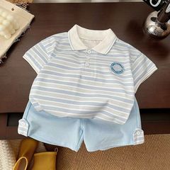 夏季短袖儿童洋气宝宝夏装套装条纹衣服新款童装男童两件套帅耐用