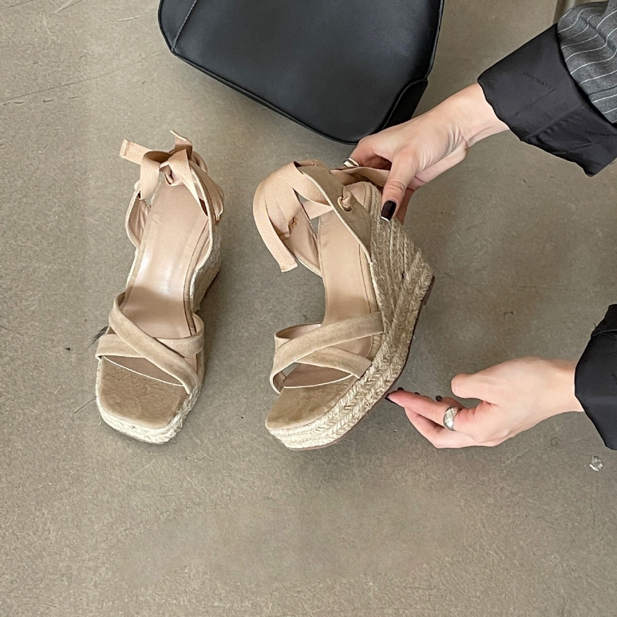 Sandales compensées à brides style français pour femmes, collection printemps, imperméables, plateforme, talons hauts, paille écologique_voghion.com