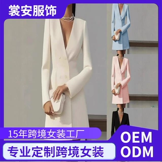 2025欧美亚马逊跨境 秋季双排扣纯色V领西装法式女装长袖连衣裙女