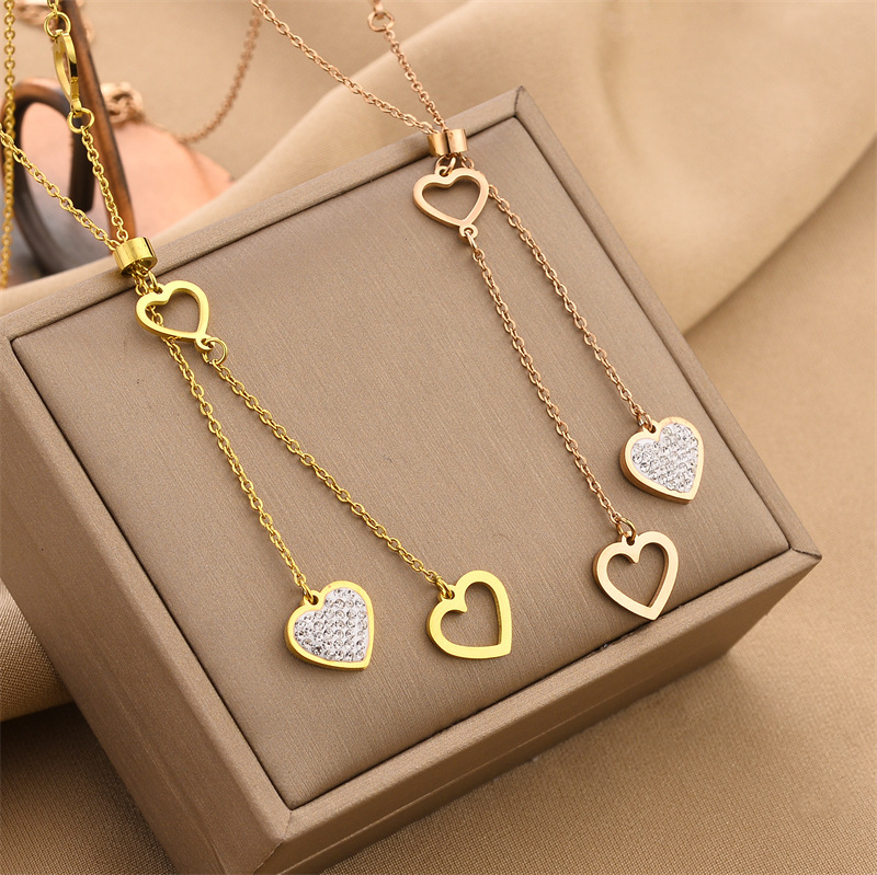 Fashion Heart Shape Titanium Steel Inlay Rhinestones Pendant Necklace 1 Piece