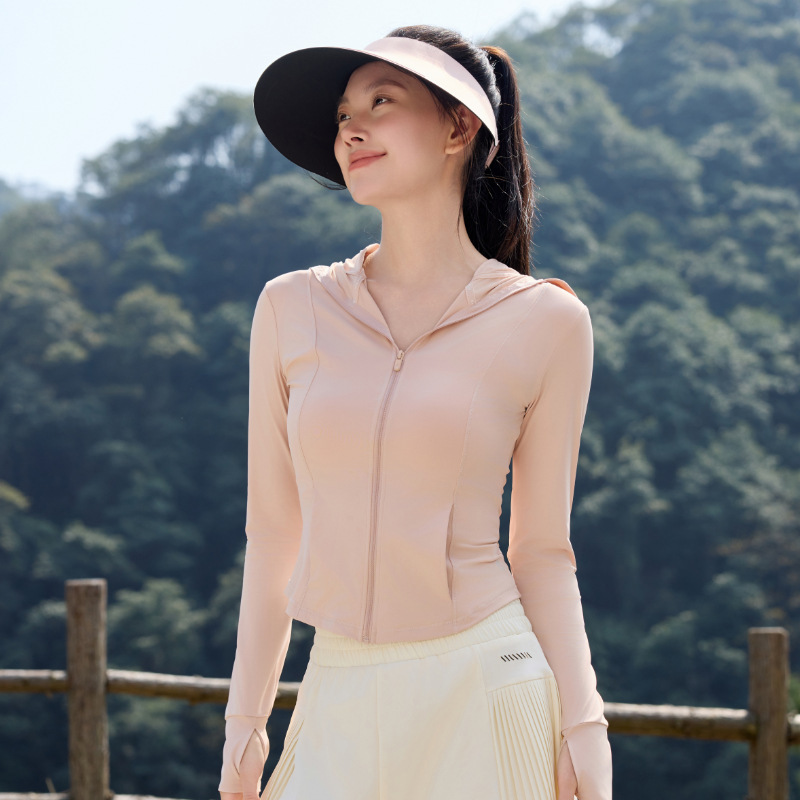 新型夏のダブルC軽薄で痩せた立襟屋外フィットネスヨガ服コートナイロン原糸涼感日焼け止め服|undefined