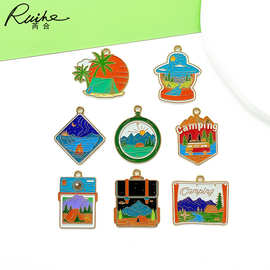 跨境户外露营度假风景油画滴油合金吊牌DIY饰品配件挂件钥匙扣