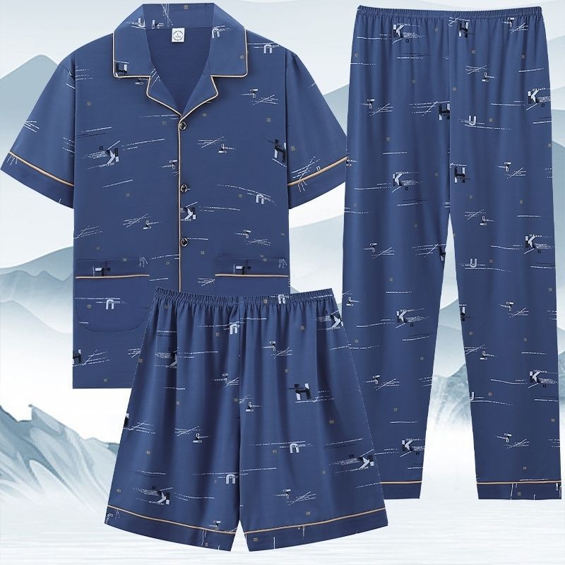 Pajamas de algodón para hombres de verano de mangas cortas pantalones largos de tres piezas para aumentar el peso para hombres de tamaño delgado conjunto de ropa de verano