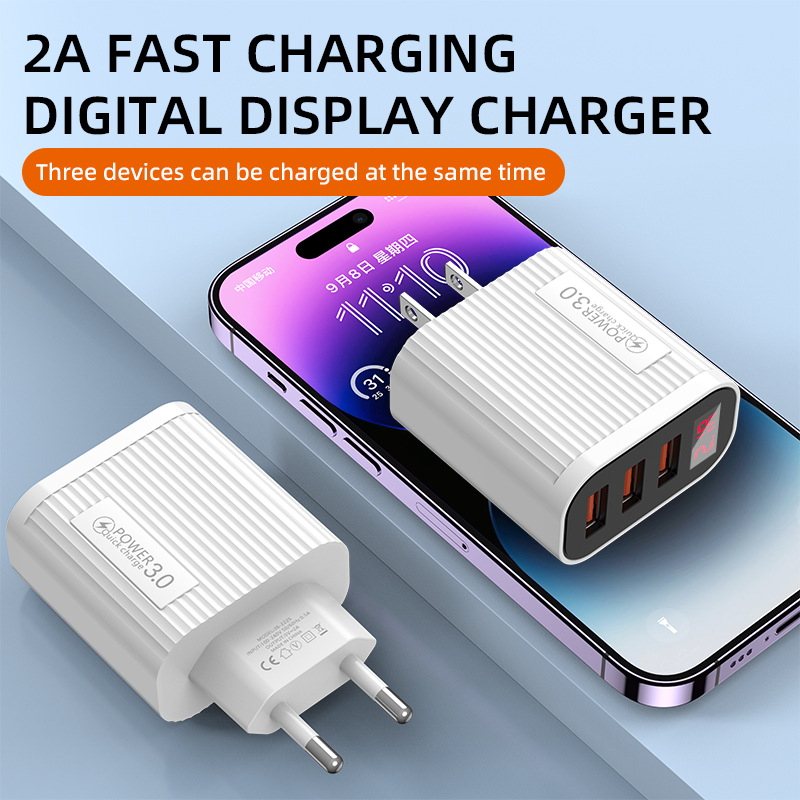 3USB Digital Phone Charger Multi port Display European American Standard Fast Charging Head Suitable for Apple and_voghion.com