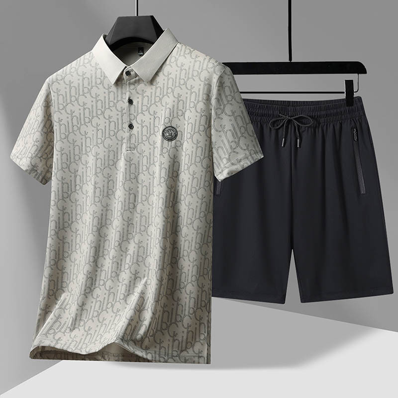 Summer Ice Silk Cool Short-sleeved Shorts Men's Casual suit Middle-aged Dad Loose Polo Shirt Two-piece Set