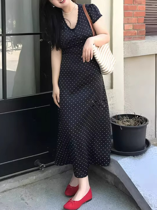 プラスサイズの女性の韓国レース V ネック水玉ドレス夏の新しいファット mm ウエスト痩身スカート|undefined