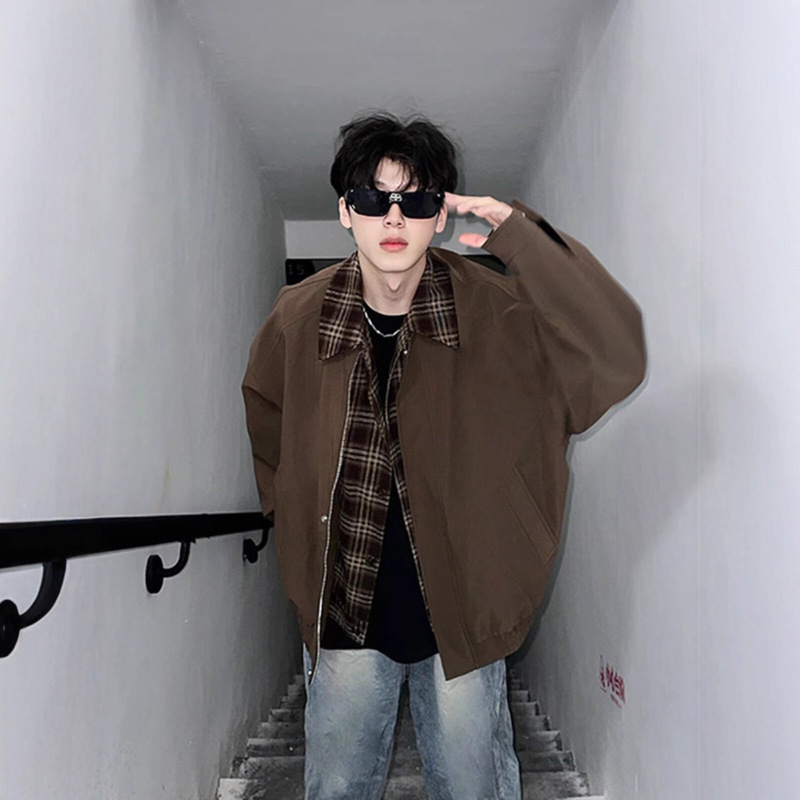 American Retro Brown Jacket Men's Spring and Autumn High-End Maillard Faux Two-Piece Jacket with a Turn-Down Collar Short Baseball Jacket American Retro Brown Jacket Men's Spring and Autumn High-End Maillard Faux Two-Piece Jacket with a Turn-Down Collar Short Baseball Jacket