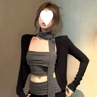 Милый и крутой черный костюм, вязаный кардиган с длинными рукавами, полосатый топ, жилет, женские длинные брюки с микро-расклешенными брюками на раннюю весну, комплект из трех предметов