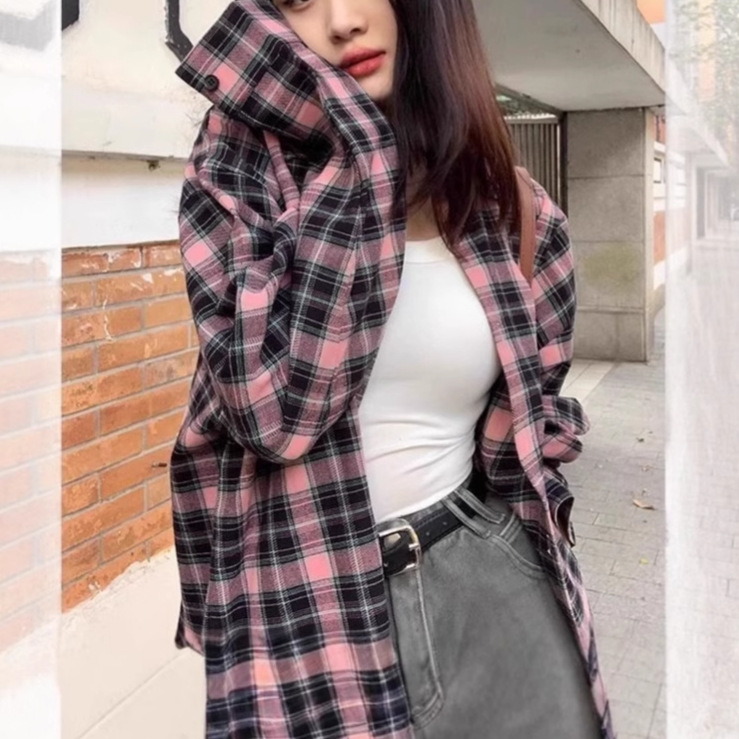 春秋复古甜美粉色格子衬衫女多巴胺小个子穿搭Polo衫衬衣防晒外套