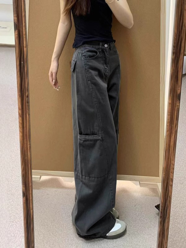 灰色工装裤女2025新款高腰显瘦大码胖mm宽松直筒垂感拖地阔腿长裤|undefined